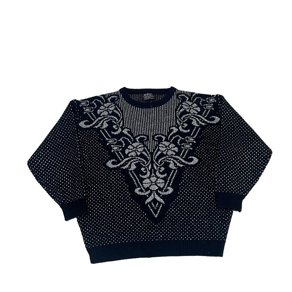 Vintage 90s Knitvo Acrylic Geometric Sweater fits Medium‎ tagged L Black White